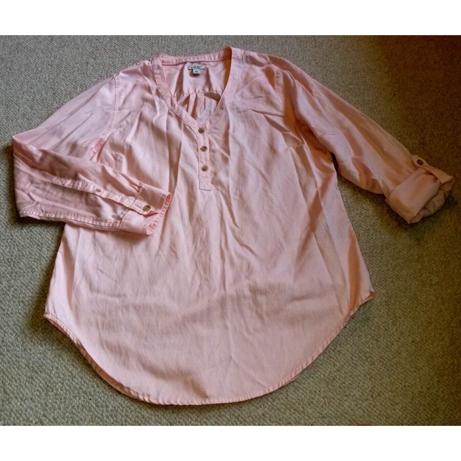 Womens Top-L.L. Bean-Pink Tencel/Cotton Blend V-Neck Henley Tunic L-S